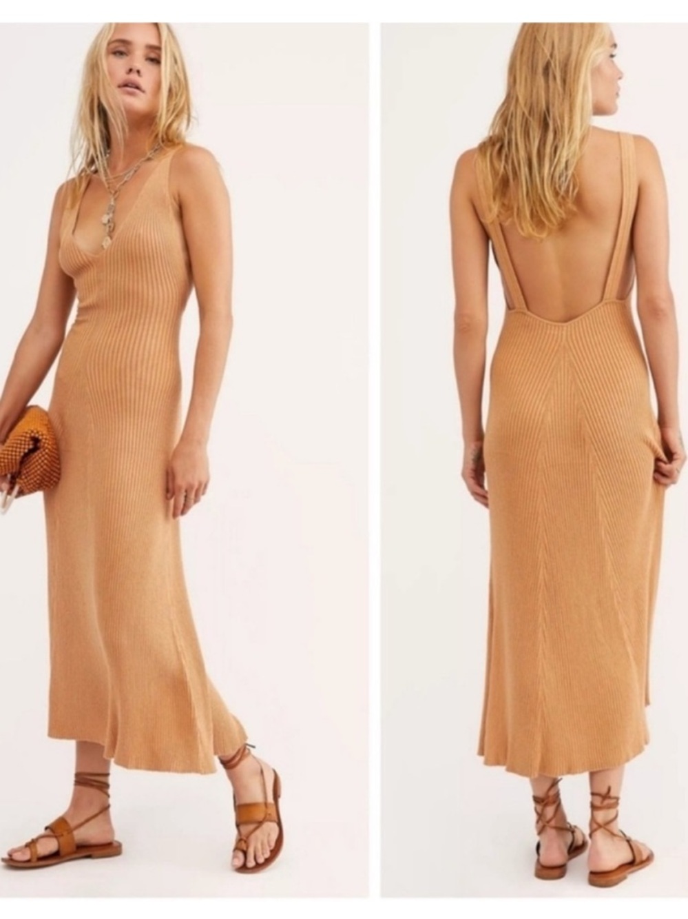 Free People Backless Ribbed Midi Dress in Camel Tan